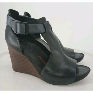 Tsubo Nancie Black Leather Platform Wedge Sandals Shoes Size 9.5   C121